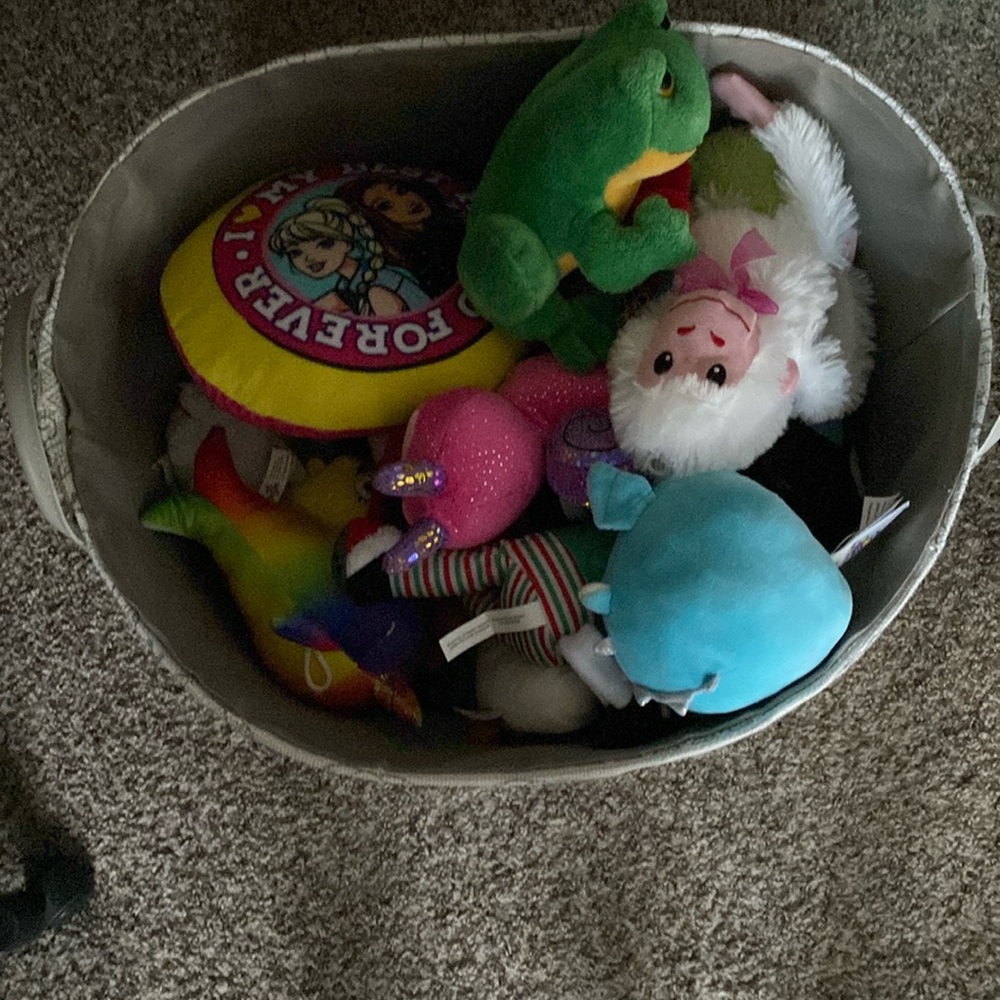 Whole bin of different stuffed animals